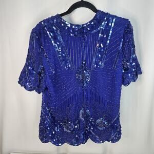 Sequin Beaded Silk Top 90s Vintage Royal Blue Blouse Gatsby Glam Party Large